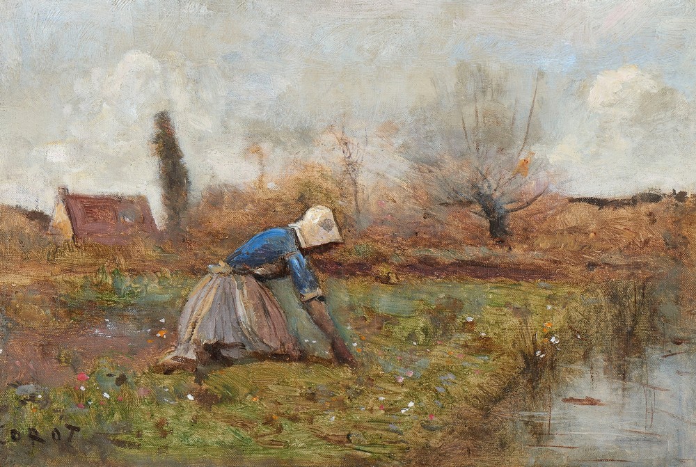 Fermière agenouillée cueillant des pissenlits (circa 1865)