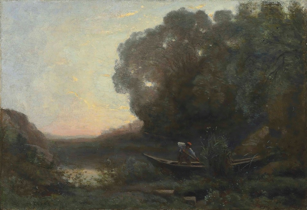 Le batelier à la rive. Soleil couchant (1845-50)