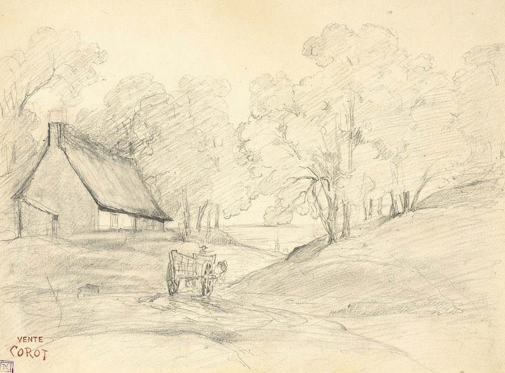 Chaumière dans un paysage arboré avec un homme dans une charrette