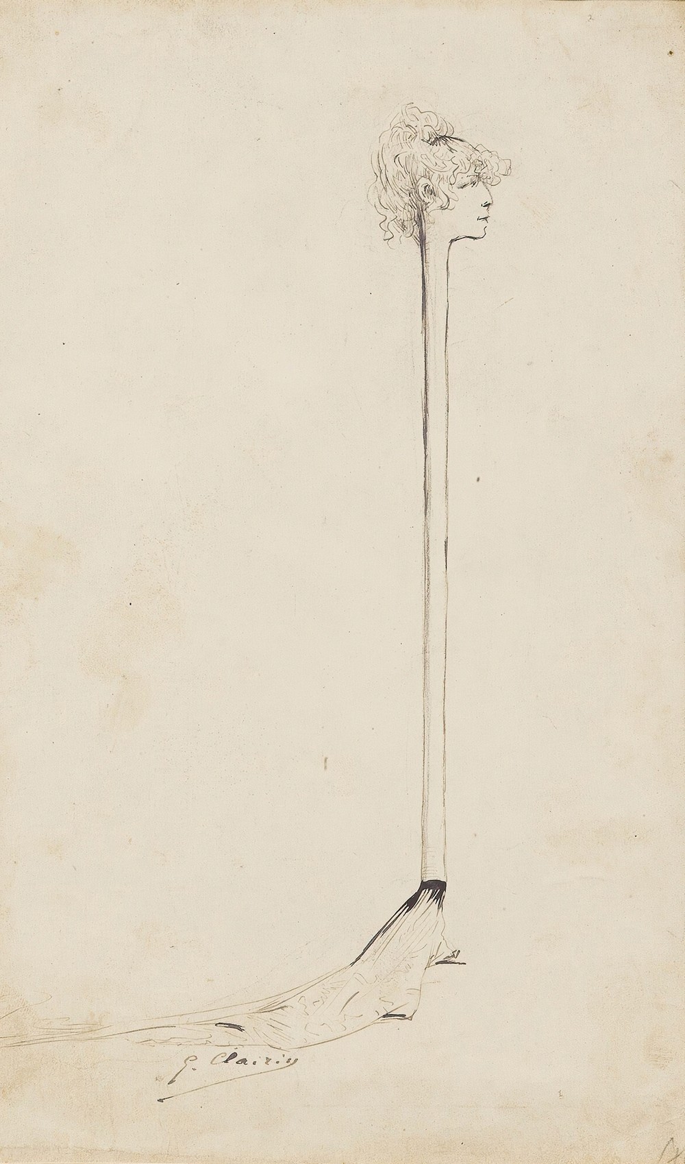 A caricature of Sarah Bernhardt  as a stick with a little sponge above her head