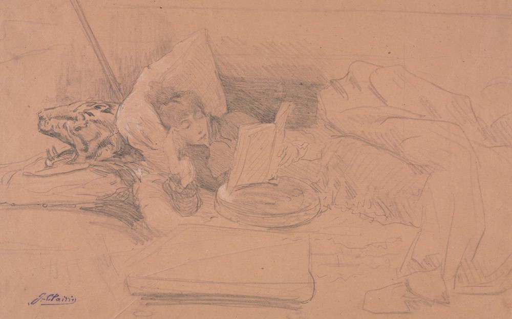 Sarah Bernhardt Reclining on a Divan, Reading (c. 1885-1890)