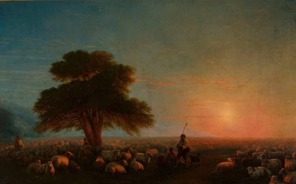 Shepherds with a flock of sheep