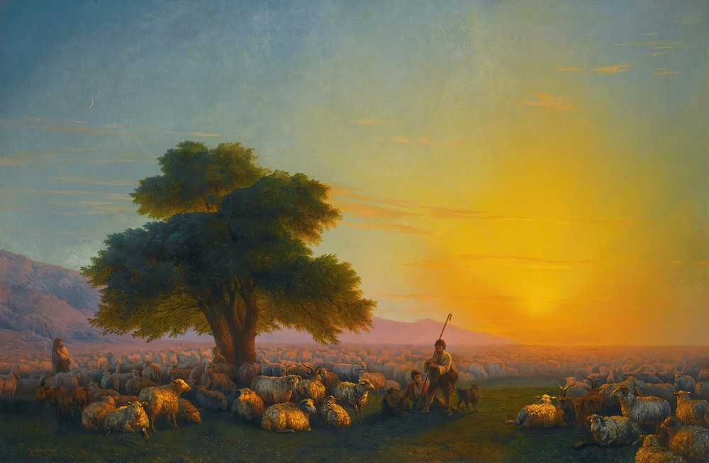 Shepherds With Their Flock At Sunset