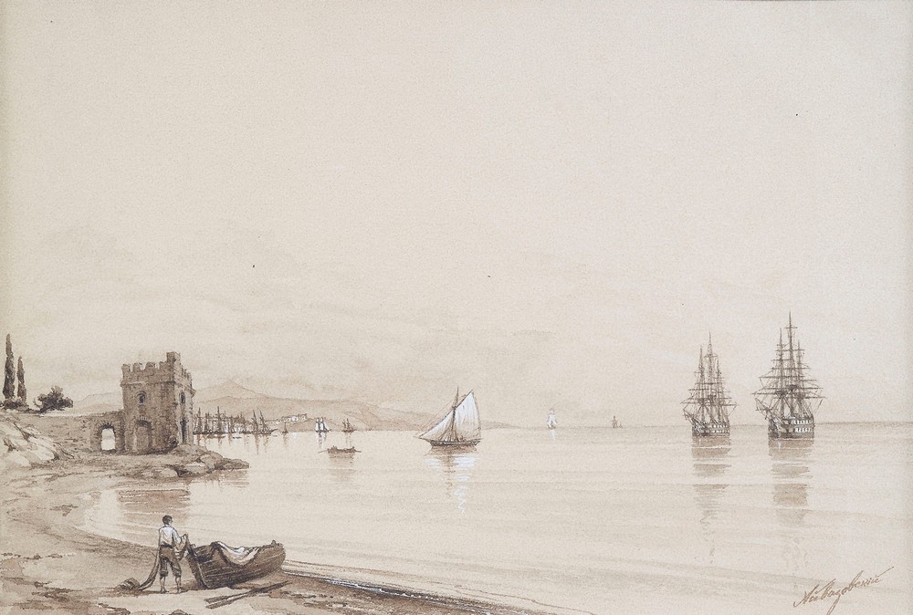 View of a bay with numerous sailing-ships
