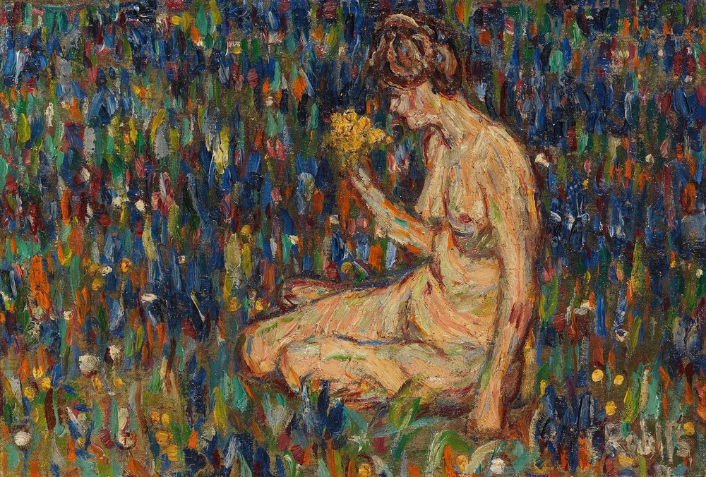 Frauenakt mit gelbem Blumenstrauß (Mädchen auf der Wiese)