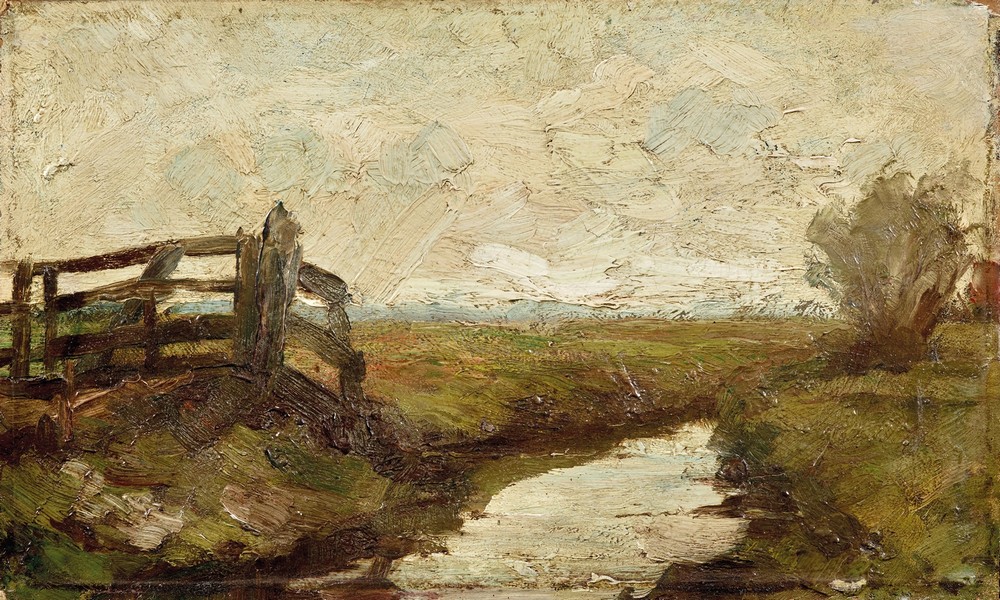 Irrigation ditch with wood gate at left