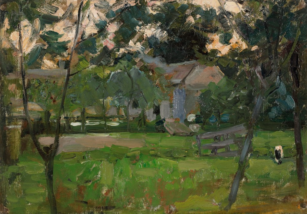 Boerenerf in het Gooi geflankeerd door jonge boompjes (Farmyard in Het Gooi flanked by saplings)