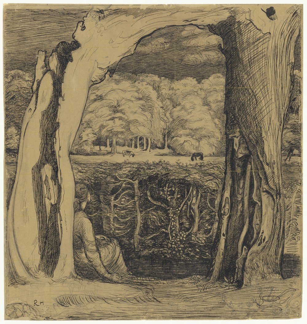 Landschap met een vrouw zittend tussen twee wilgen