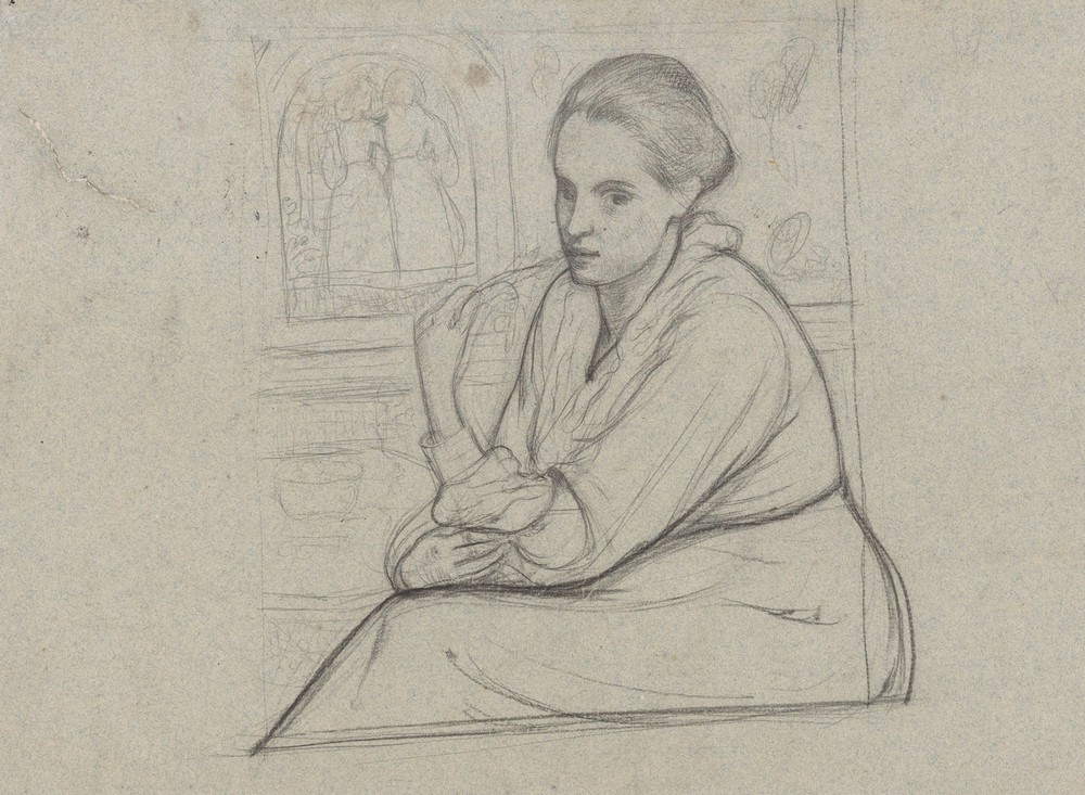 Portret van Henriëtte Roland Holst-van der Schalk, zittend bij een voorstelling met twee meisjes