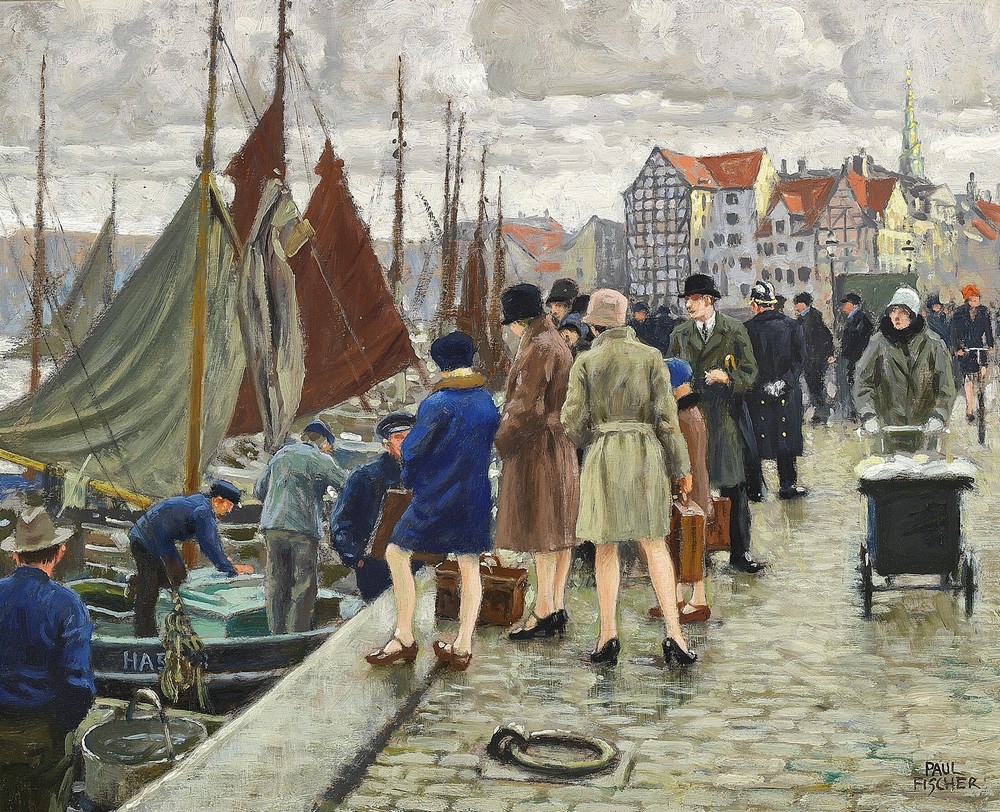 Elegante damer med klokkehatte køber fisk