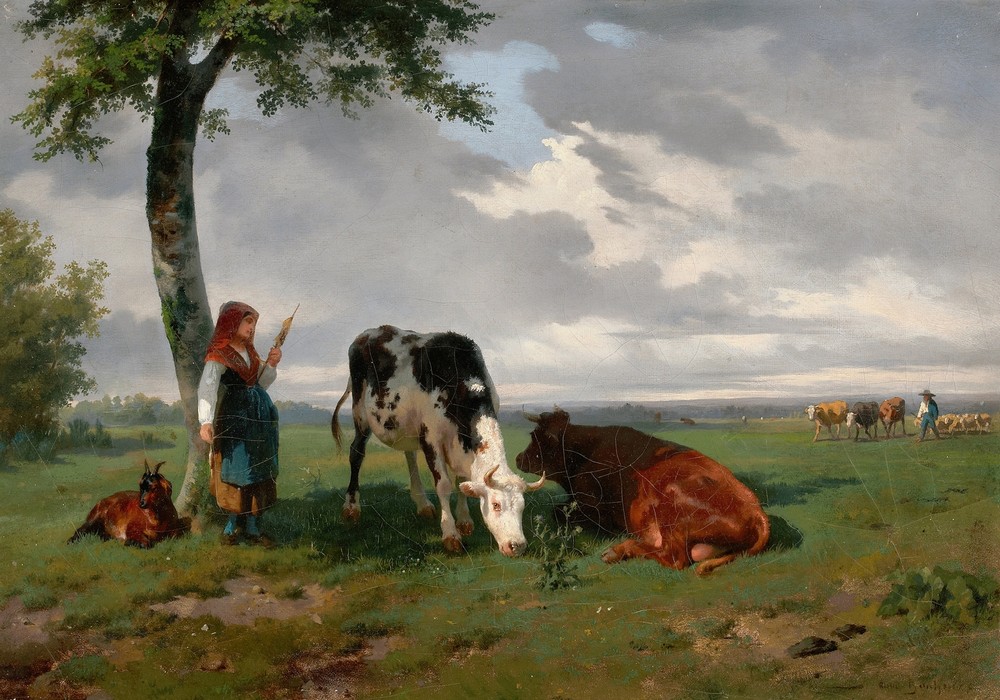 Shepherdess and Two Cows in a Meadow (circa 1842-45)