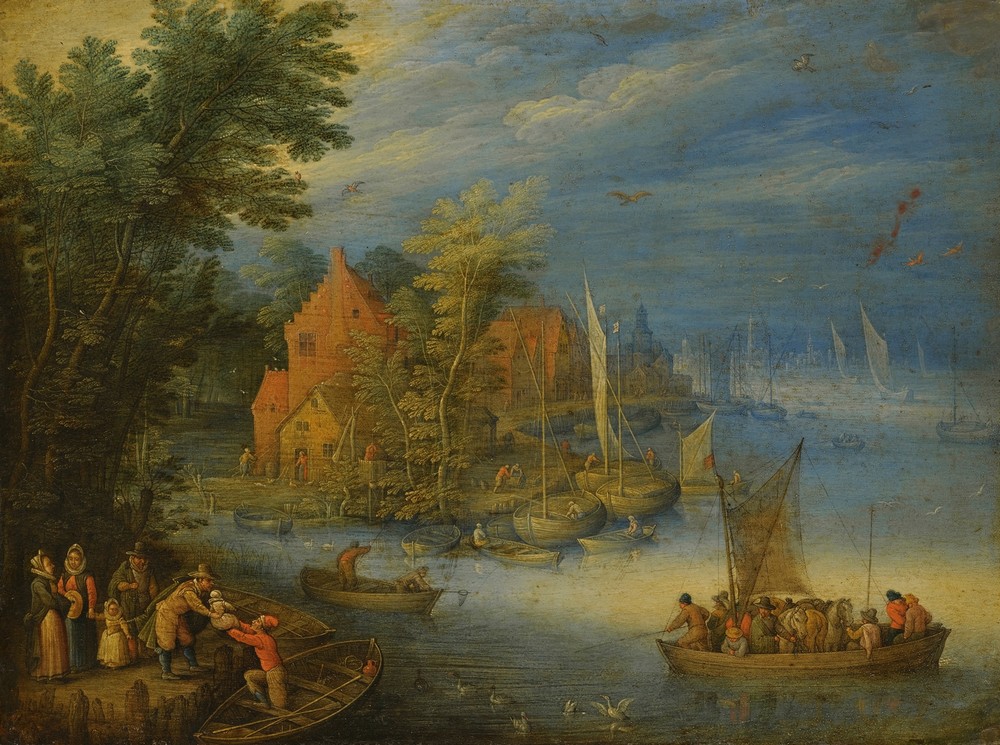 A Town On The Banks Of A Wide River With A Heavily Laden Ferry Approaching The Shore In The Forgeound