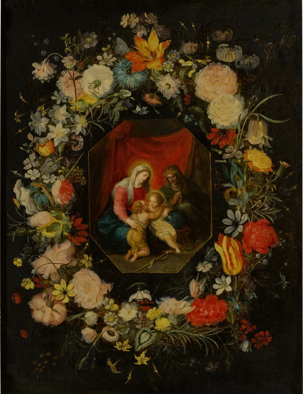 Madonna and Child with St. Anne and St. John the Baptist, surrounded by a flower garland