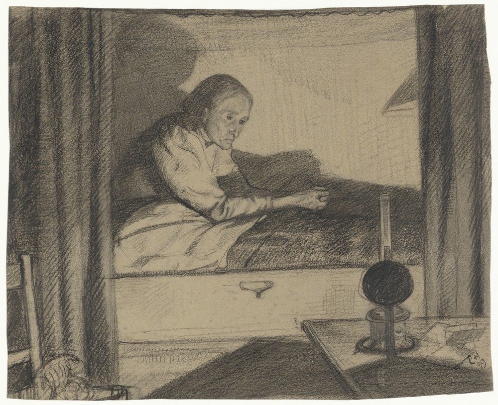 Vrouw Hogerhuis, zittend in bed (eerste ontwerp)