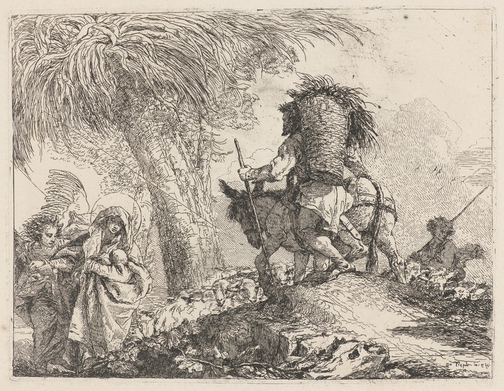The Flight, Joseph at Right and Mary and Angel at Left