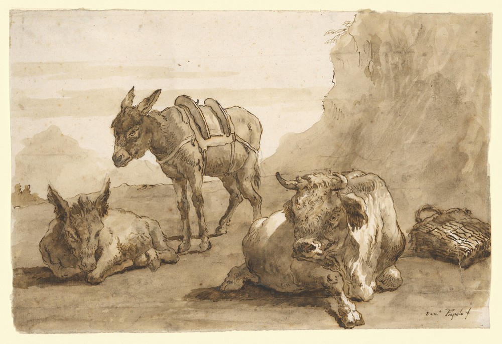 A Bull Lying Down, and Two Donkeys, in a Landscape (ca. 1760–61)