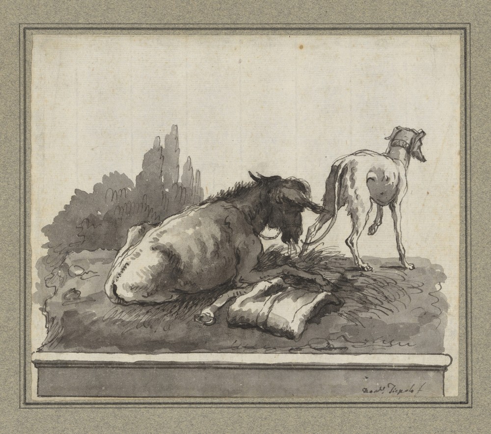 A Donkey Lying on the Grass, with an Italian Greyhound (on a Base) (late 18th century)