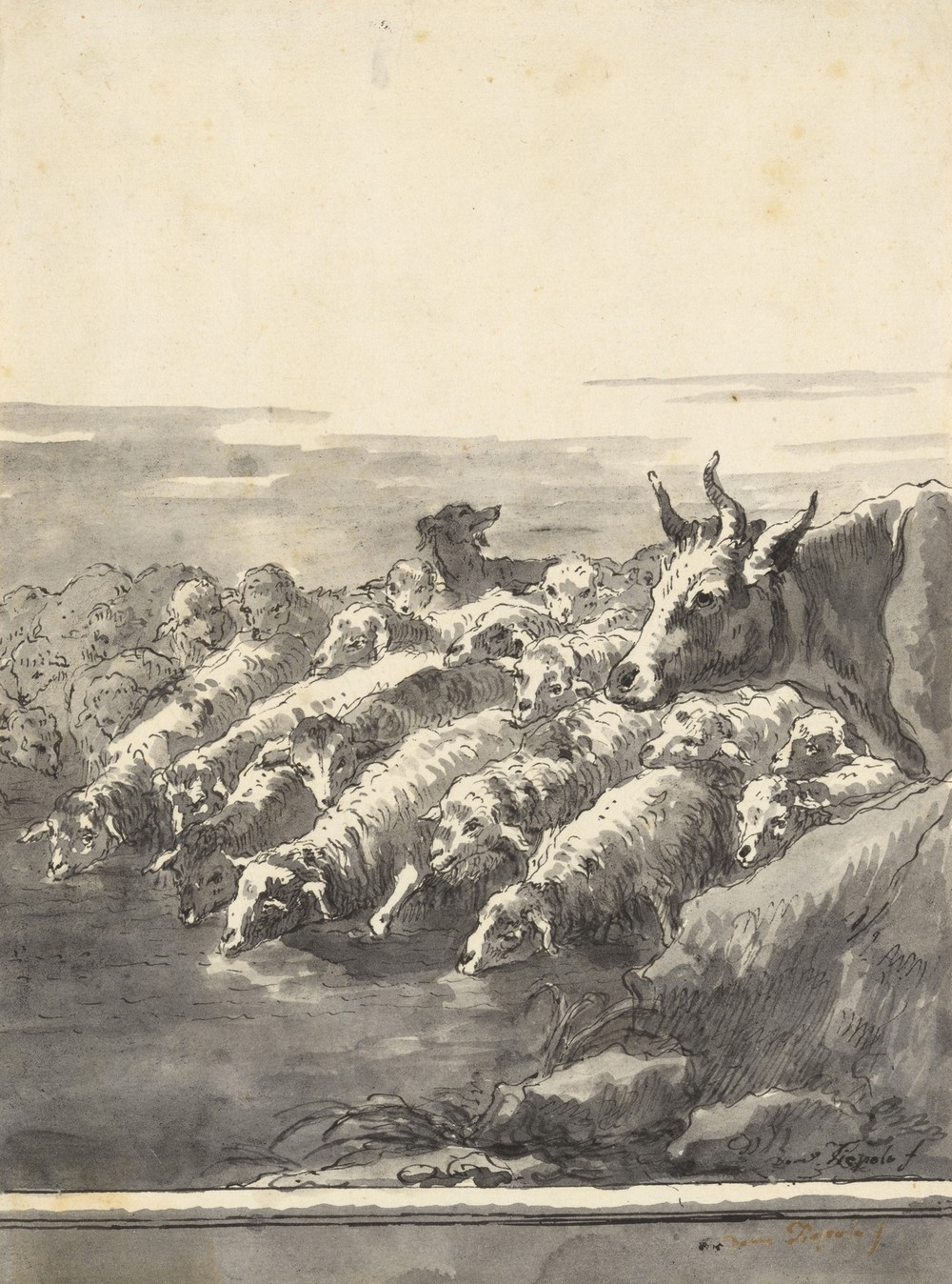 A Flock of Sheep Drinking at a Pool, with a Bullock and a Dog (after 1763)