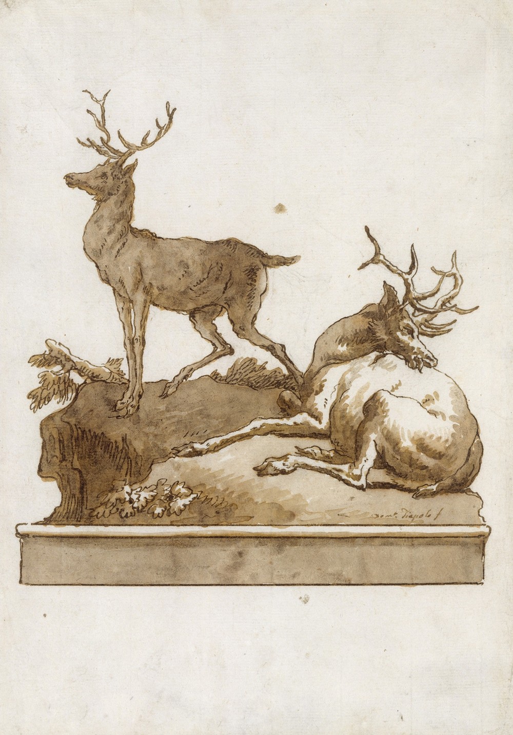 Two Stags, One Standing and One Lying, on a Grassy Knoll (with a Base) (after 1770)