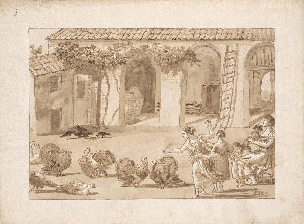 Turkeys in a Venetian Farmyard, the third drawing in Tiepolo’s series of 59 scenes of contemporary life. (ca. 1791)