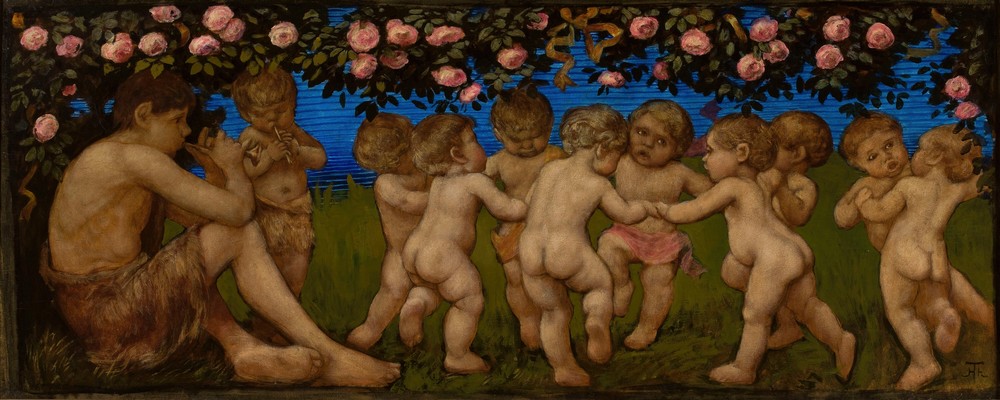 Dancing putta with a garland of roses