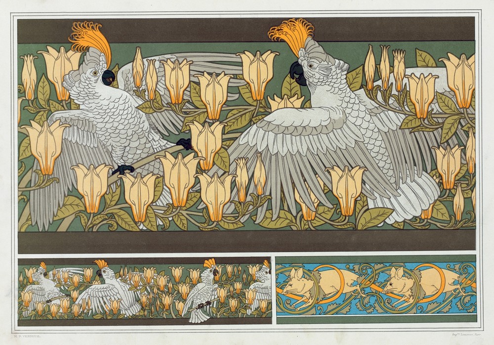 Cacatoës et magnolia, bordure. Souris blanches.