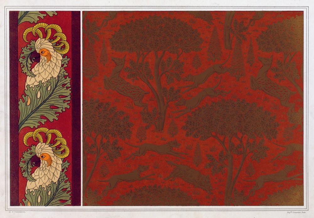 Cacatoès, bordure. Chiens, chevrettes et marcassins, cuir gaufré et doré