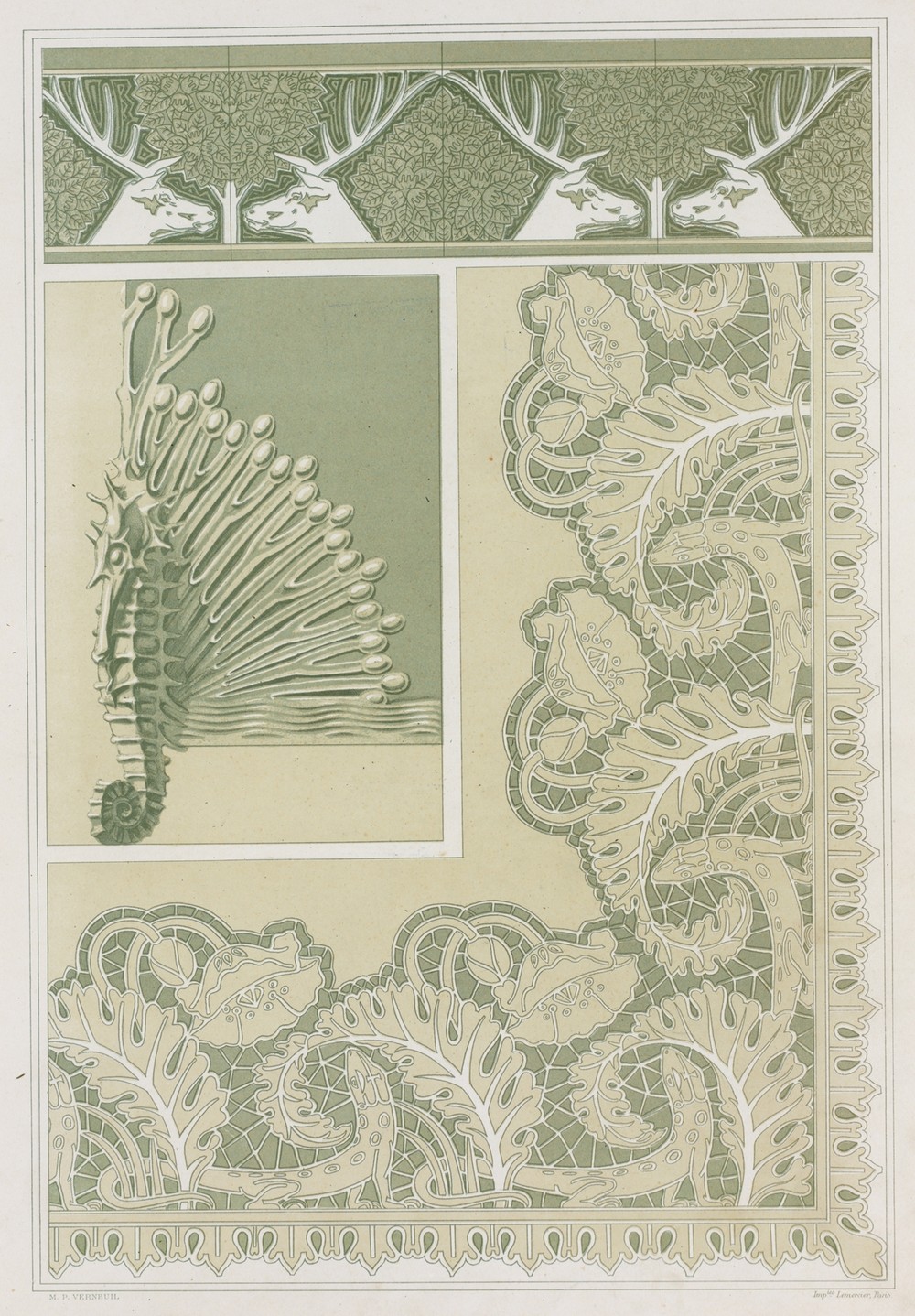 Cerfs et noisetiers, bordure, carreaux céramiques; hippocampe et algues, pied de coffret, bronze; lézards et pavots, broderie