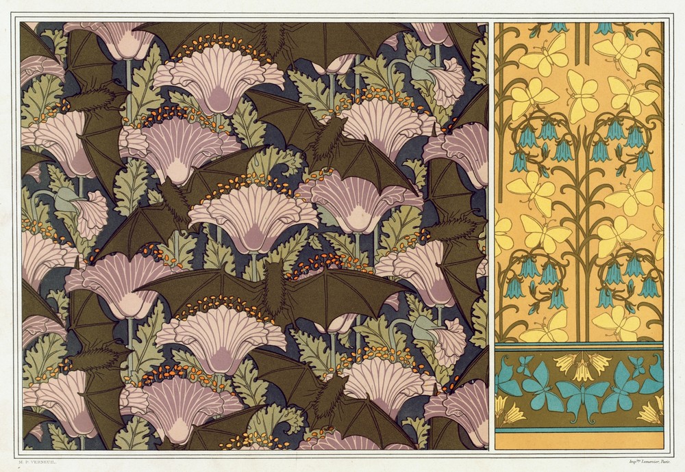 Chauves-souris et pavots, tenture. Papillons et campanules, papier peint.