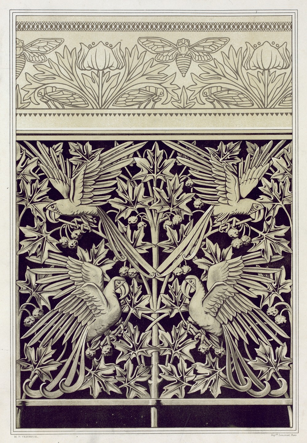 Cigales et anémones, bordure de napperon. Aras et platane, fonte.