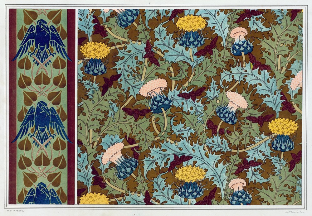 Corbeaux, bordure au pochoir; cigales et chardons, étoffe imprimée