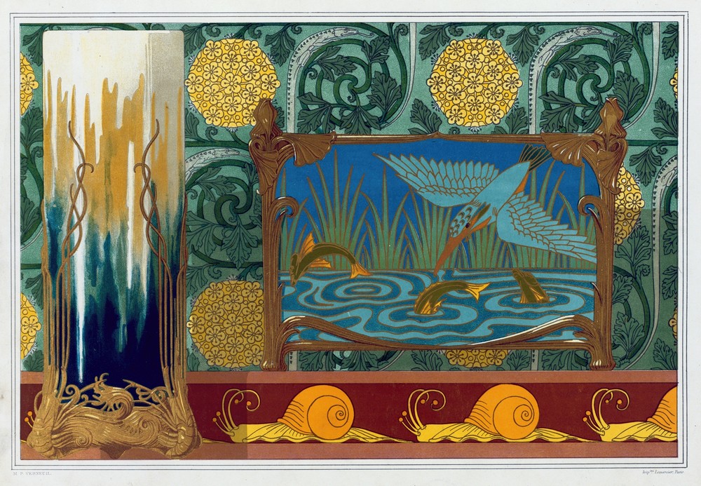 Crevettes, support en bronze pour un vase. Martin-pêcheur et poissons, jardinière bronze et émail cloisonné.