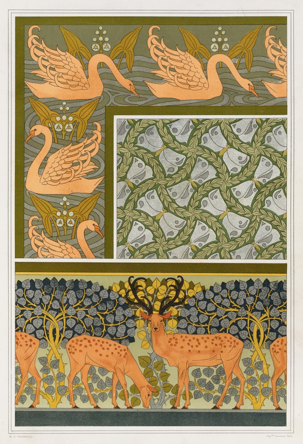 Cygnes et sagittaire, bordure. Pappillons et feuillages, étoffe. Cerfs et biches, frise.