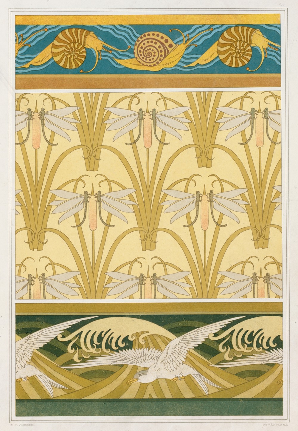 Escargots, bordure. Libellule et roseaux, papier peint. Mouettes, bordure.