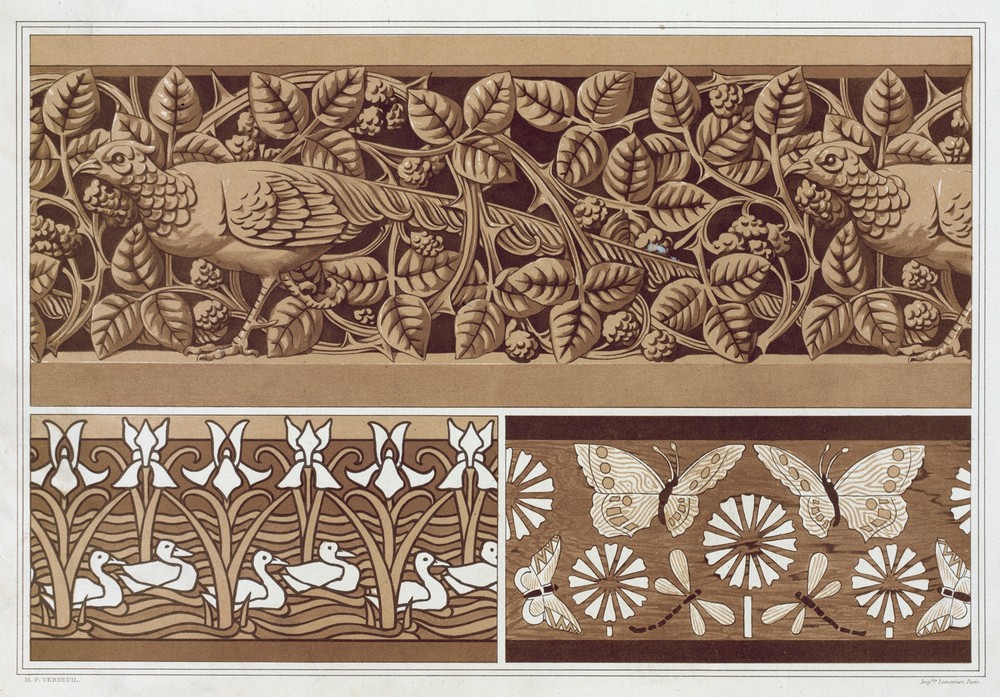 Faisan et ronces, bois sculpté à jour. Papillons et libellules, marqueterie. Canards et iris, pochoir.