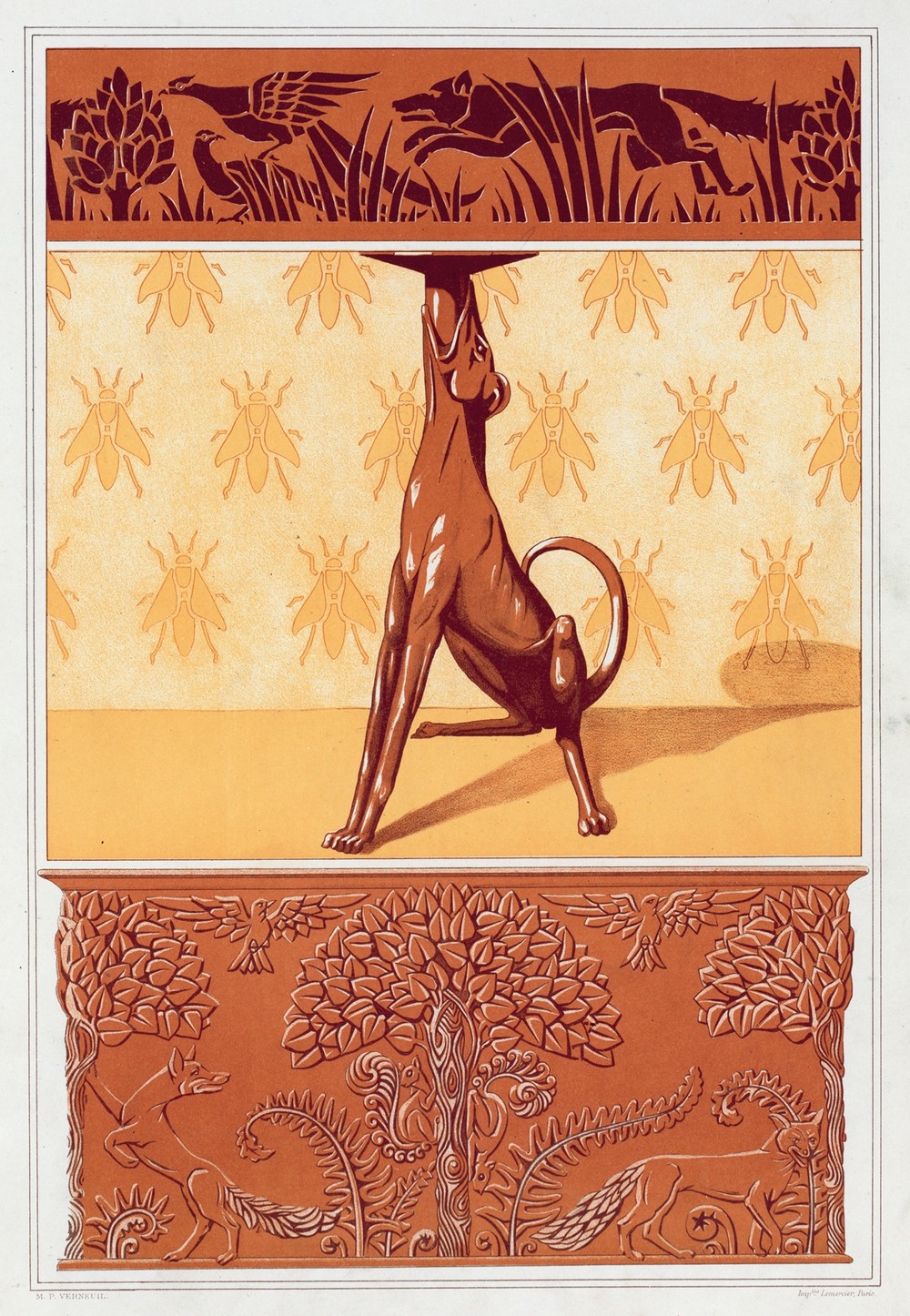 Faisans et renard, frise cuivre découpé. Chien, chandelier. Abeilles, semis. Renards, écureuils et oiseaux, jardiniere cuivre repoussé