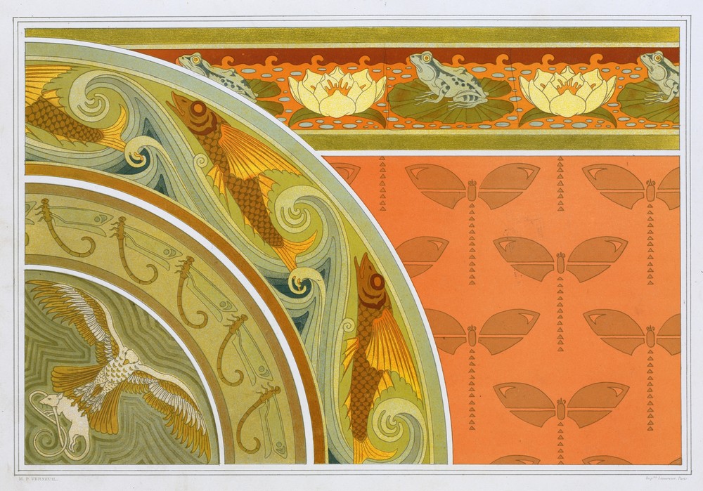 Grenouilles et nénuphars, bordure; libellules, pochoir; poissons volants, libellules, bordures; milan et rat