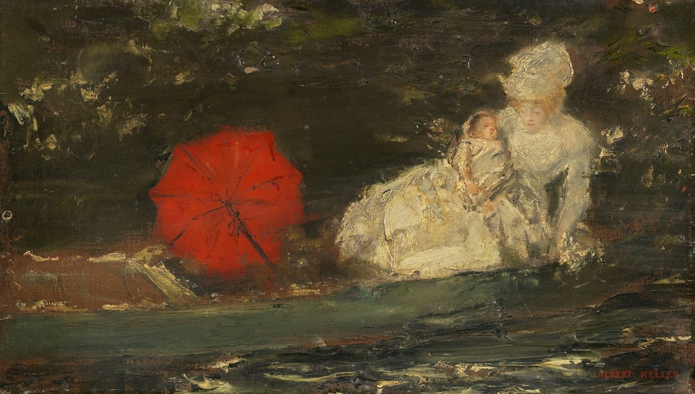 Frau und Kind im Freien mit rotem Parasol (Ca. 1870-1890)