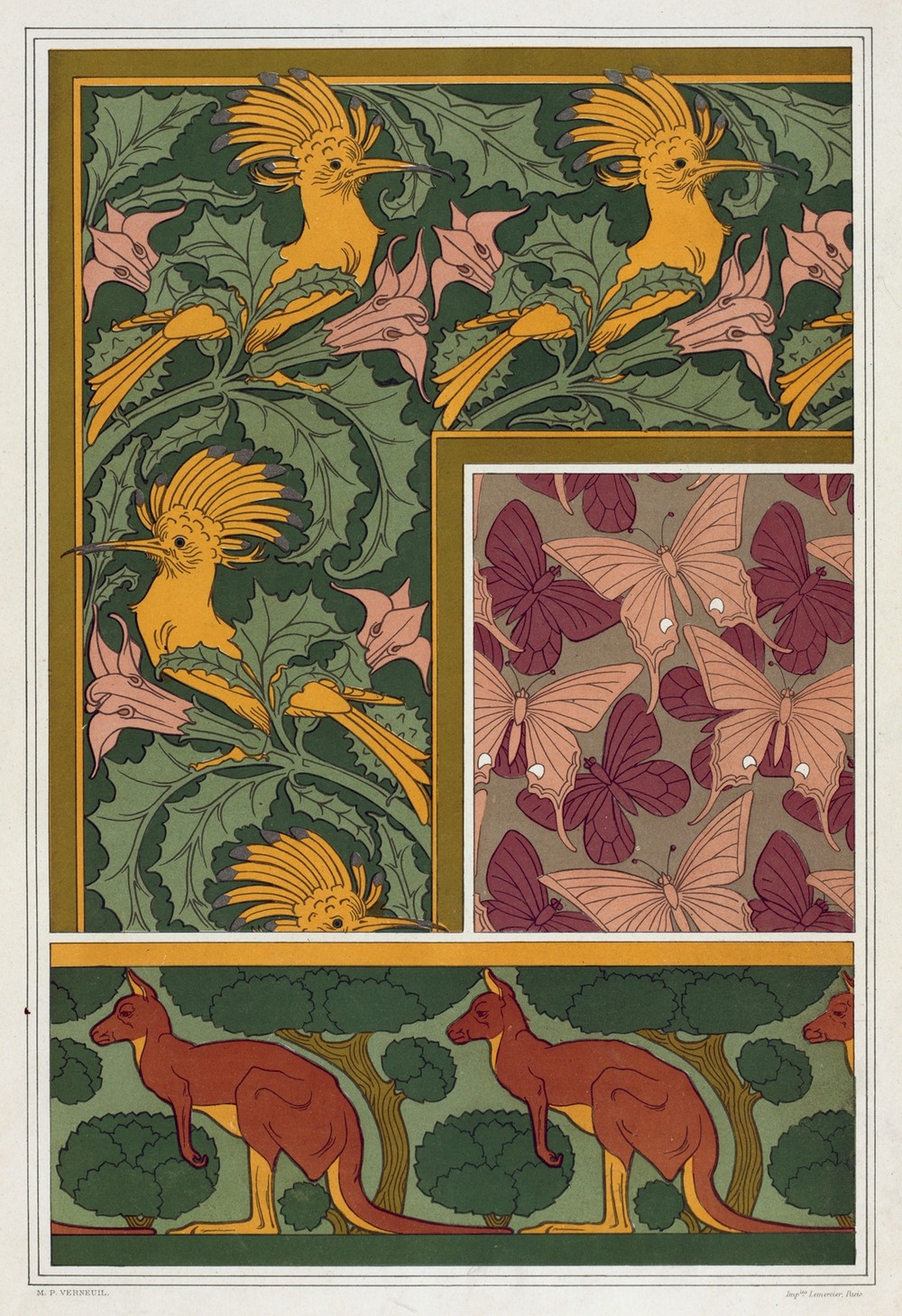 Huppes et stramoine, bordure. Papillons, étoffe de soie. Kangourou et arbres, bordure.