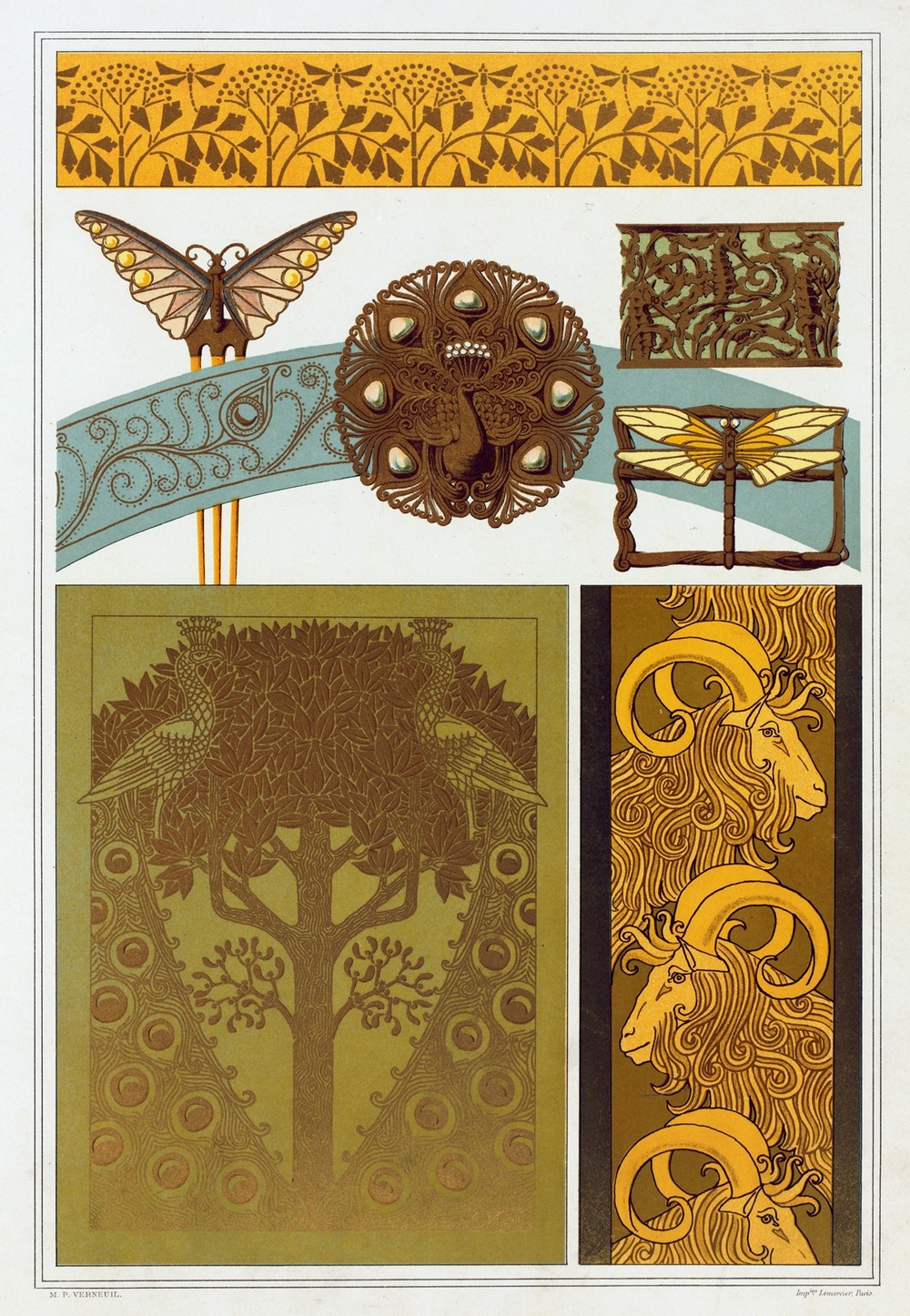 Libellules, fer à dorer; papillon, paon, hippocampes et libellule, bijoux; paons, fer à dorer; chèvres, bordure