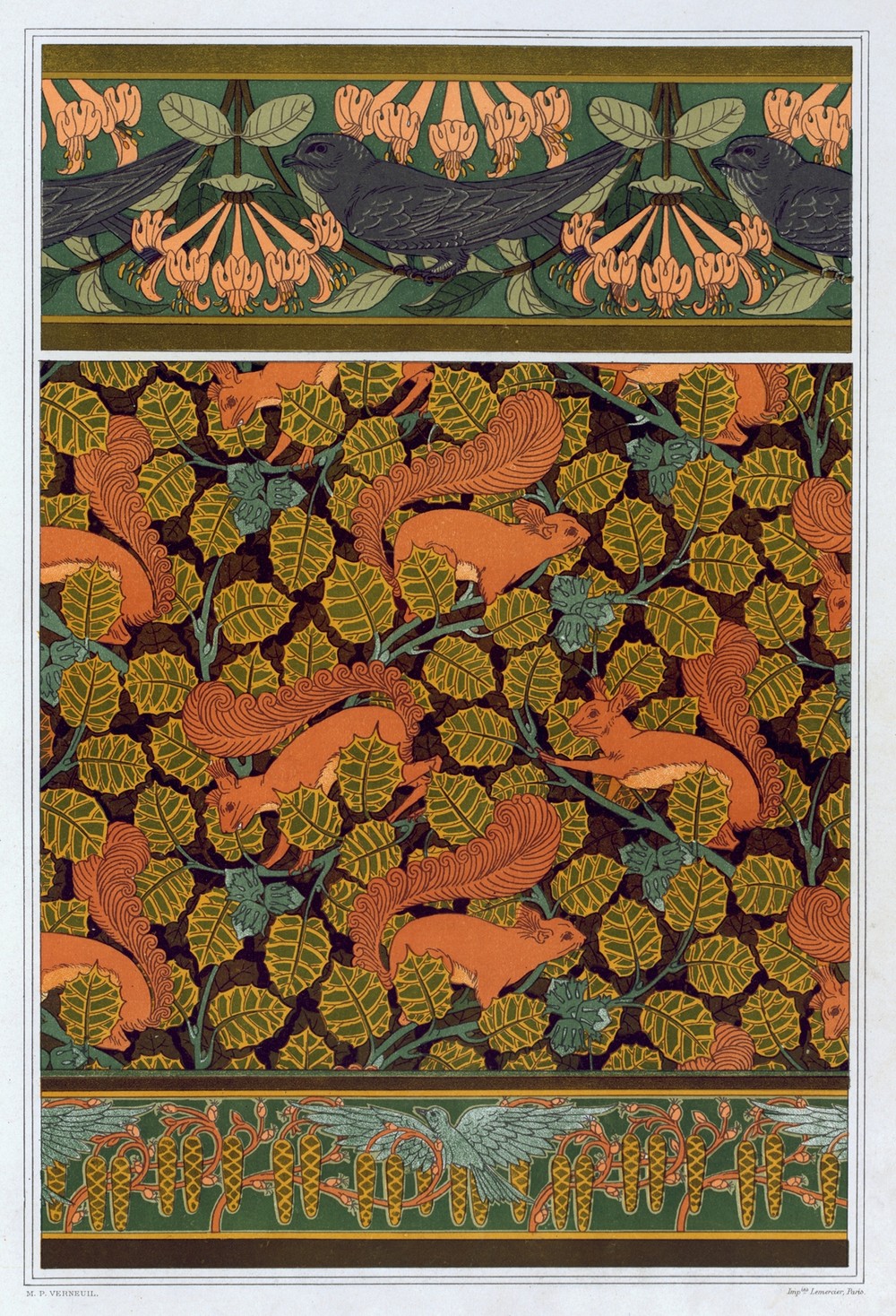 Martinets et chèvrefeuille, bordure. Écureuils et noisetier, papier peint. Oiseaux et noisetier en fleur, bordure.