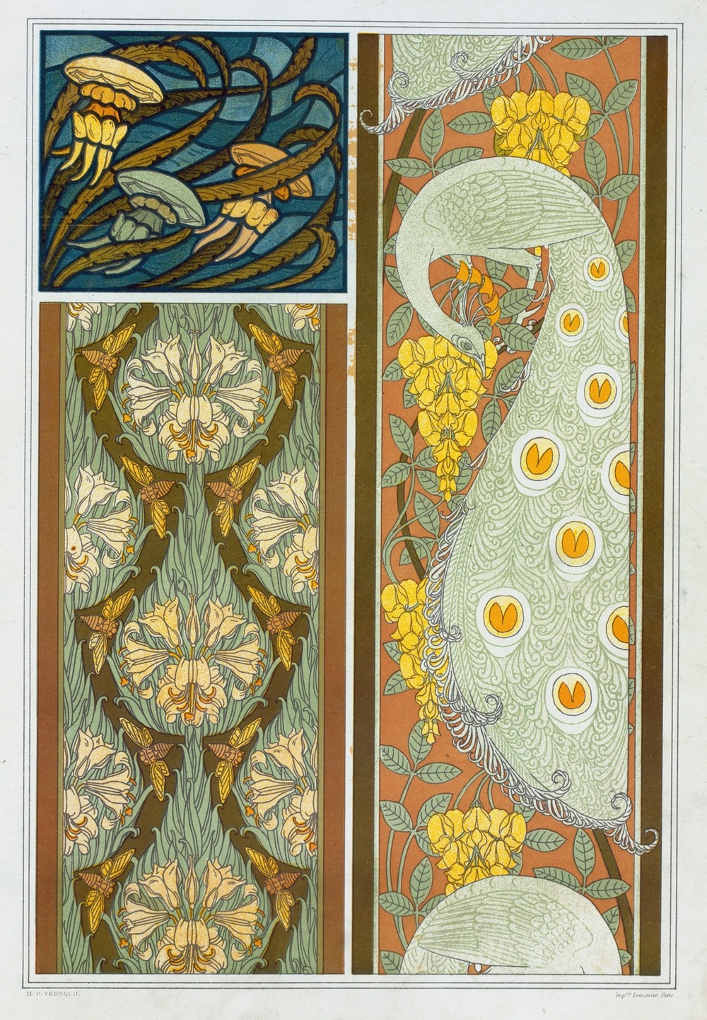 Méduses et algues, vitrail. Cigales et lis, paons et cytise, bordures.