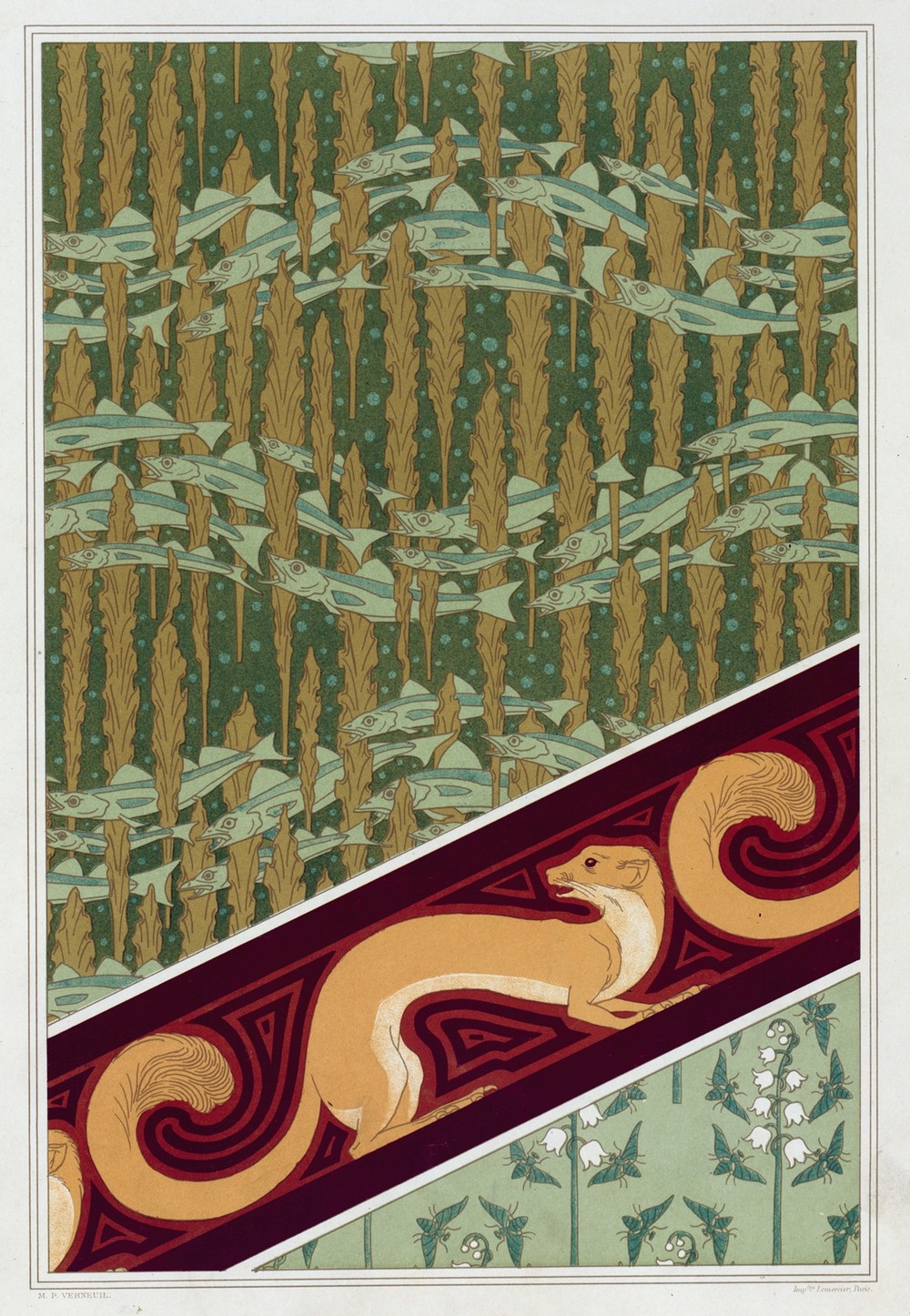 Merlans et algues, papier peint. Mouches et muguet, étoffe de soie. Hermine vulgaire, bordure.