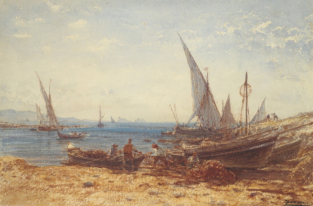 Fishermen and boats at water’s edge (19th century)
