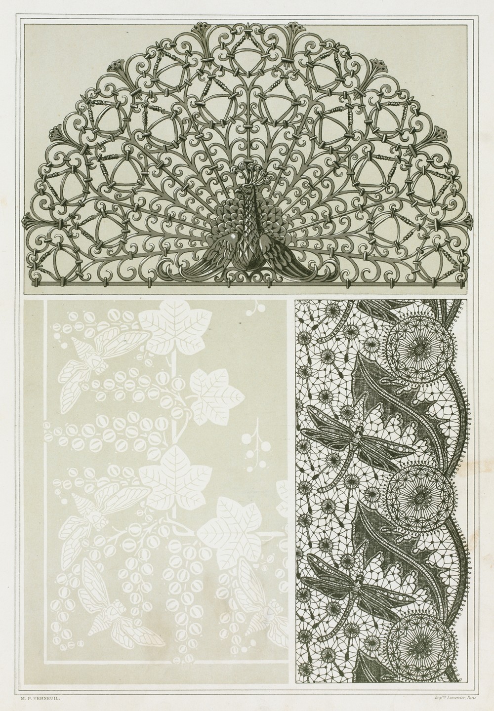 Paon, grille fer forgé. Cigales et groseiller, linge damassé. Libellules et pissenlit, dentelle.