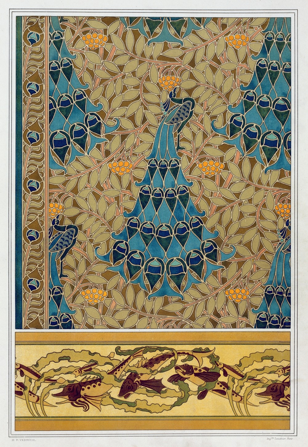 Paons dans les sorbiers, pochoir; poissons et algues, bordure