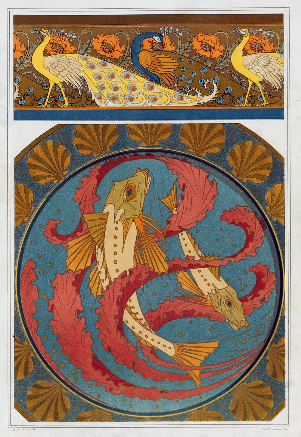 Paons et pavots, bordure. Grondins, algues et coquilles, plat en émail cloisonné.
