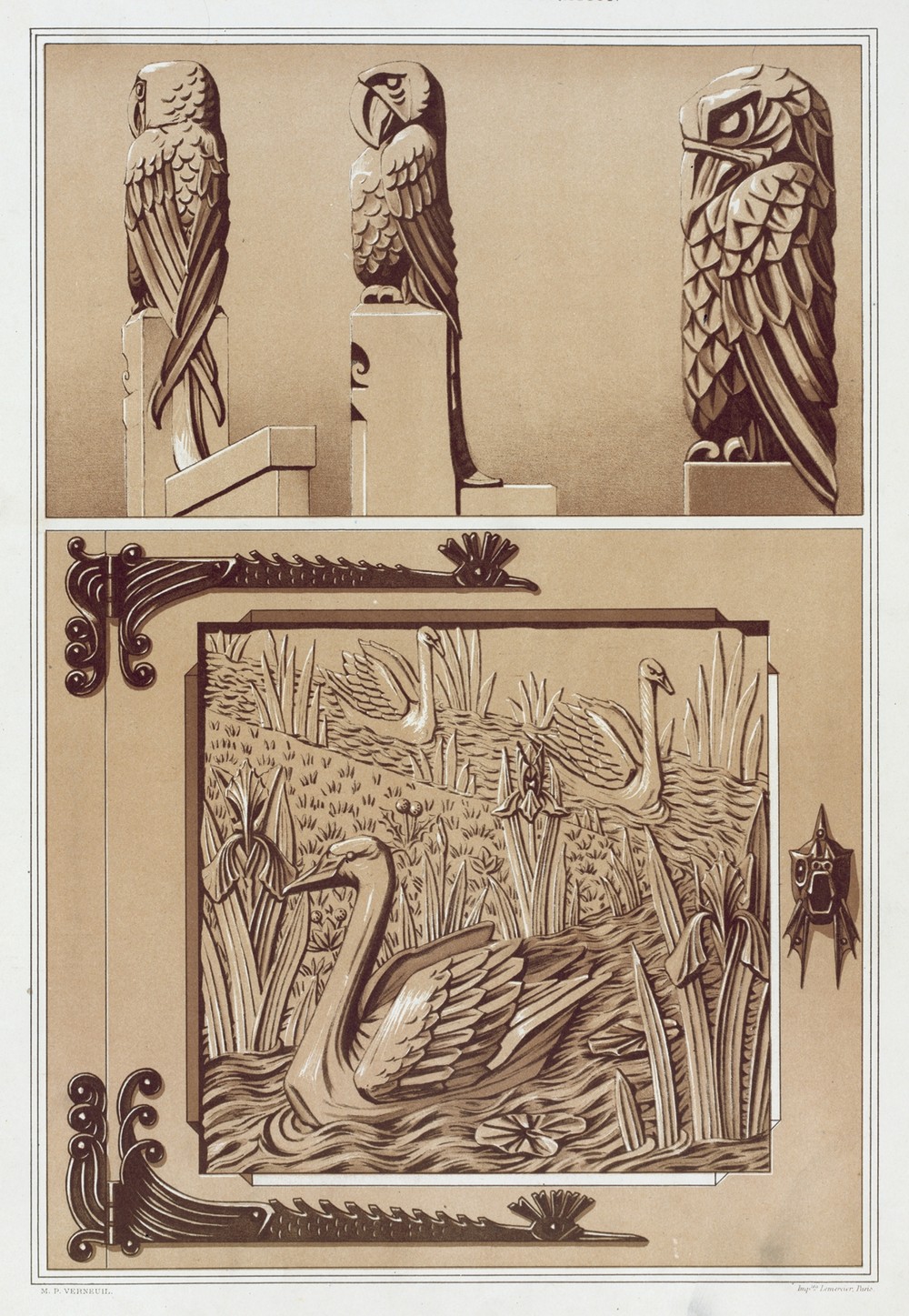 Perroquets, aigle, bois sculpté. Cygnes et iris, porte en bois sculpté.