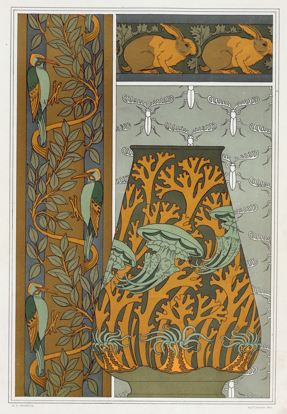 Piverts et arbre, bordure verticale. Lapins et feuilles, bordure. Méduses, anémones de mer et algues, vase. Insectes, jeu de fond.