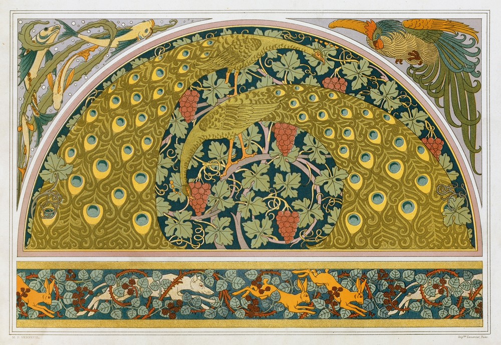 Poissons et algues, coq, écoinçon; paons et vigne; lièvres, chiens et ronces, bordure
